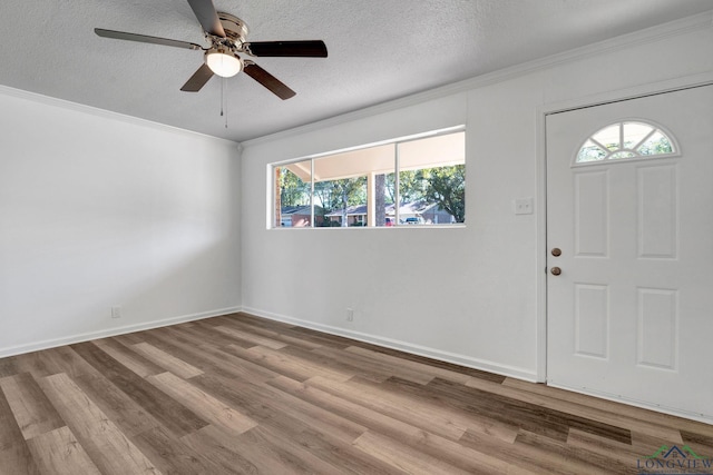 entryway featuring a wealth of natural light, hardwood / wood-style floors, ceiling fan, and a textured ceiling