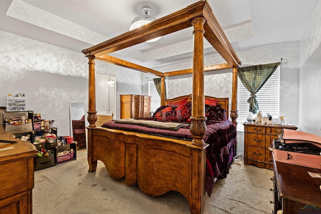 bedroom featuring a raised ceiling and light colored carpet