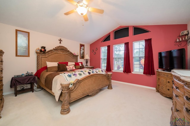 bedroom featuring light colored carpet, ceiling fan, and lofted ceiling