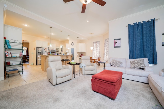 2120 Page Rd, Longview, TX 75601 - living area featuring ceiling fan, crown molding, recessed lighting, light tile patterned flooring, and light carpet