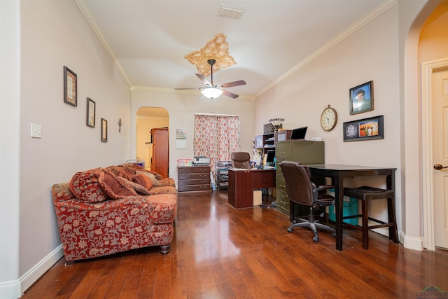 2120 Page Rd, Longview, TX 75601 - office featuring arched walkways, a ceiling fan, crown molding, wood-type flooring, and baseboards