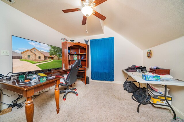 2120 Page Rd, Longview, TX 75601 - office with vaulted ceiling, ceiling fan, carpet flooring, and baseboards