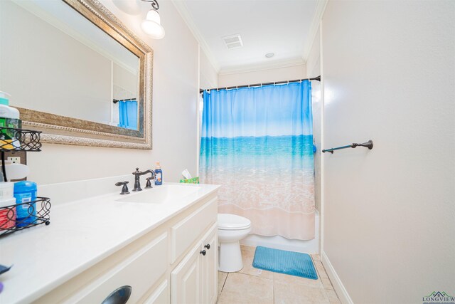 2120 Page Rd, Longview, TX 75601 - full bathroom with toilet, vanity, tile patterned flooring, ornamental molding, and shower / tub combo