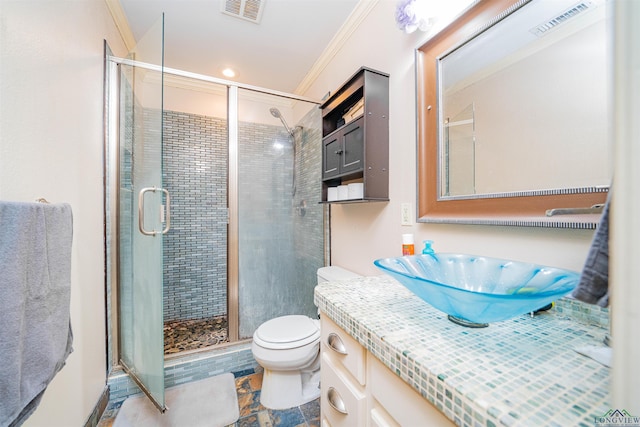 2120 Page Rd, Longview, TX 75601 - full bath featuring crown molding, vanity, toilet, and a shower stall