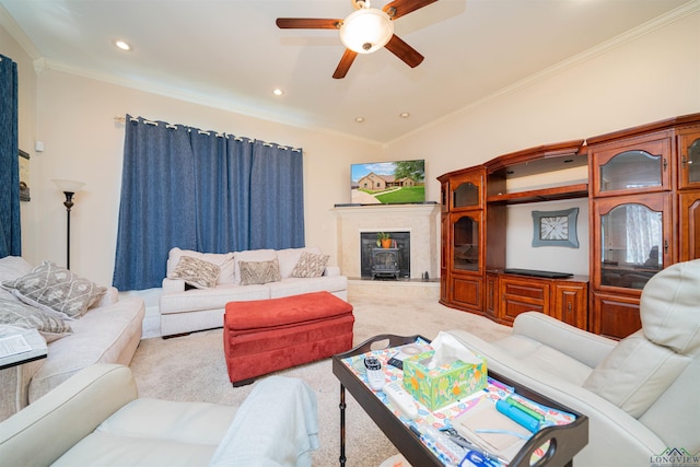 2120 Page Rd, Longview, TX 75601 - living room with carpet floors, a ceiling fan, ornamental molding, a wood stove, and recessed lighting