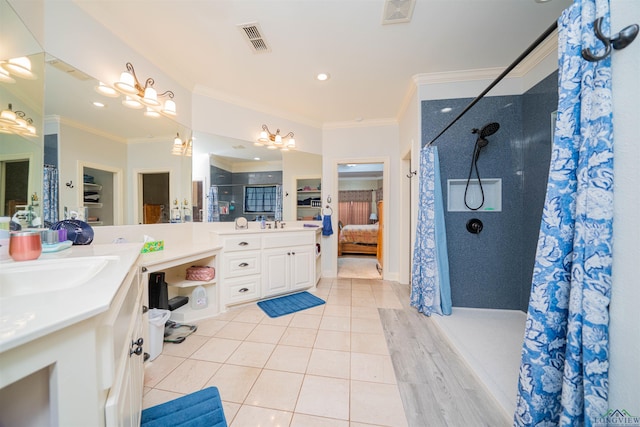 2120 Page Rd, Longview, TX 75601 - ensuite bathroom featuring tile patterned floors, a shower with curtain, double vanity, recessed lighting, and crown molding