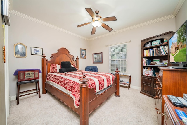 2120 Page Rd, Longview, TX 75601 - bedroom featuring light colored carpet, crown molding, baseboards, and a ceiling fan