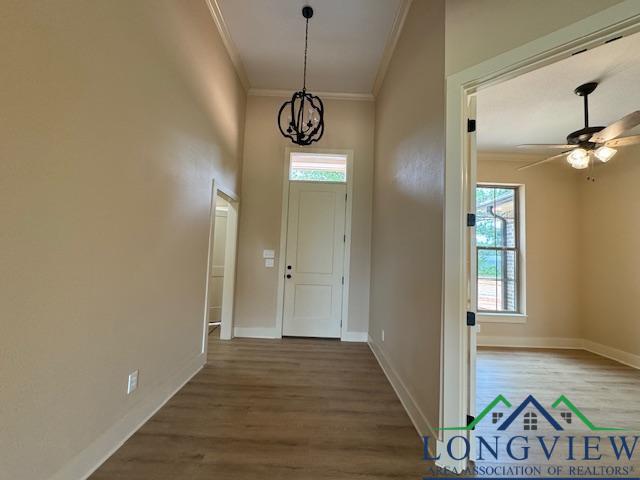 foyer entrance with hardwood / wood-style flooring, ceiling fan with notable chandelier, and ornamental molding