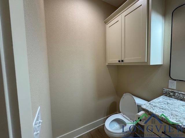 bathroom with hardwood / wood-style floors, vanity, and toilet