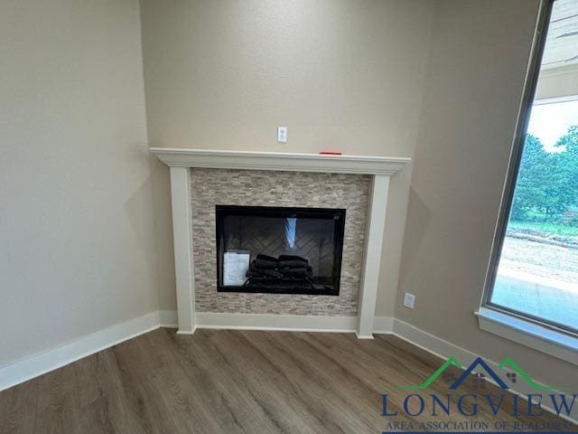 room details with a stone fireplace and hardwood / wood-style floors