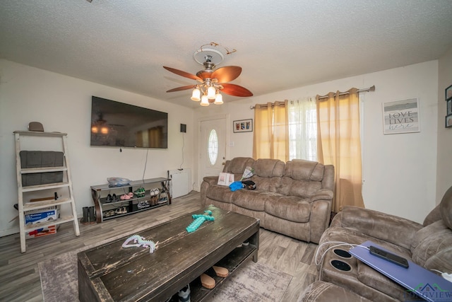 10816 Fm 2685, Gladewater, TX 75647 - living area featuring wood finished floors, a ceiling fan, healthy amount of natural light, and a textured ceiling