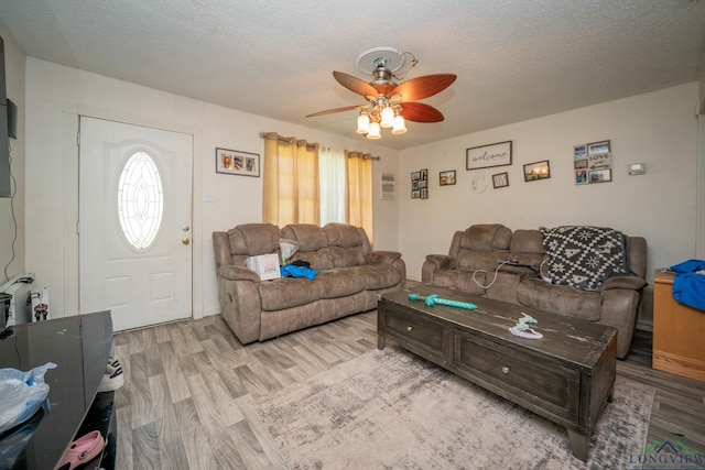 10816 Fm 2685, Gladewater, TX 75647 - living area featuring healthy amount of natural light, light wood-style floors, a ceiling fan, a textured ceiling, and baseboards