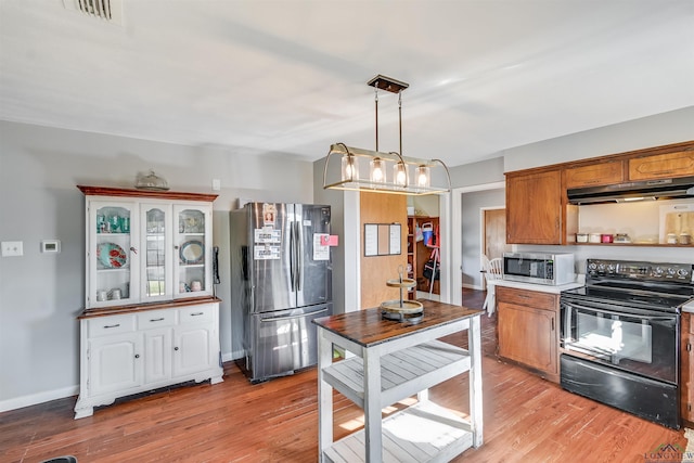 kitchen featuring appliances with stainless steel finishes, decorative light fixtures, and light hardwood / wood-style flooring