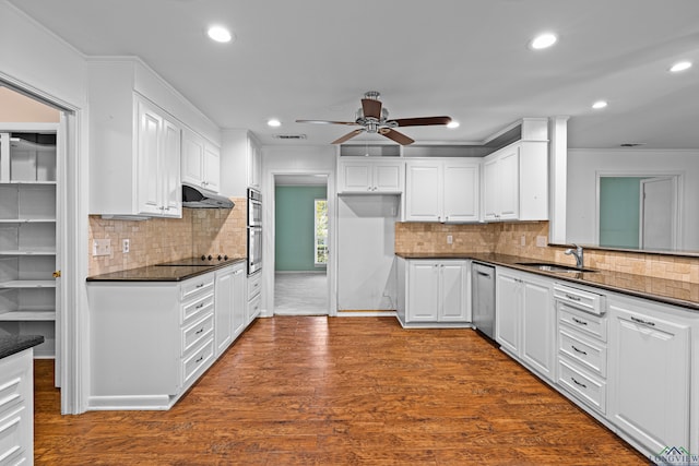 kitchen featuring dark wood-type flooring, sink, ceiling fan, white cabinetry, and stainless steel appliances