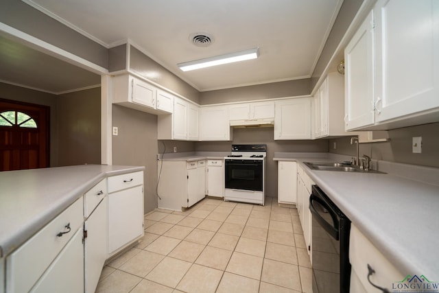 kitchen featuring black dishwasher, light tile patterned floors, white stove, and white cabinets