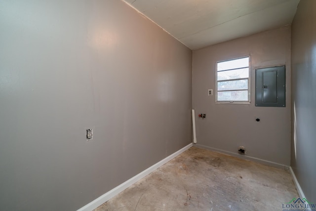 washroom with hookup for an electric dryer and electric panel