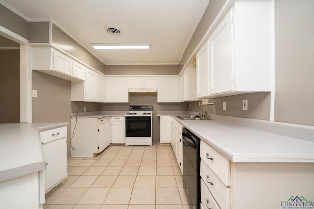 kitchen with dishwasher, sink, light tile patterned flooring, white cabinets, and white stove