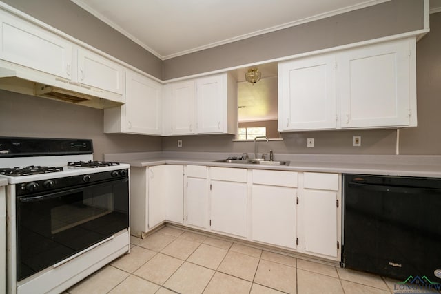 kitchen with white range with gas cooktop, white cabinetry, sink, and black dishwasher