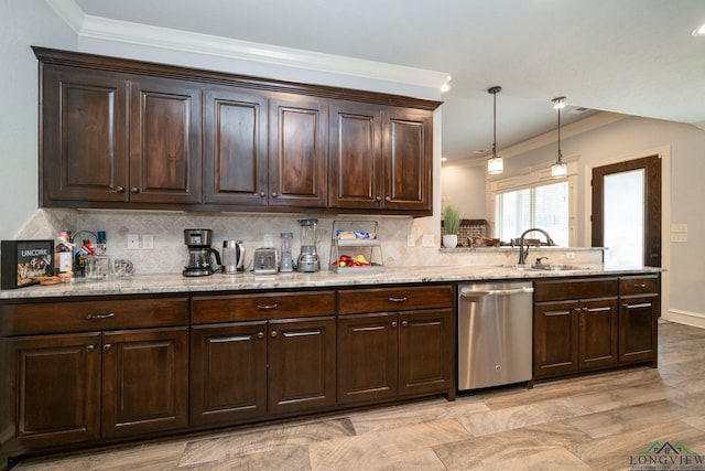 kitchen with dishwasher, dark brown cabinetry, and sink