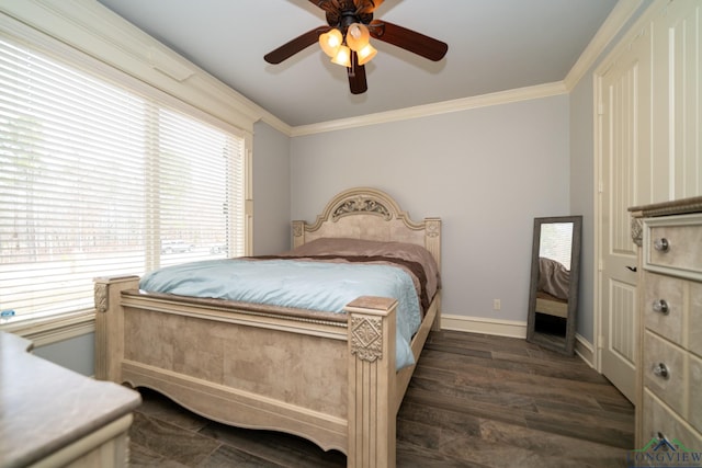 bedroom with ceiling fan, crown molding, and dark wood-type flooring