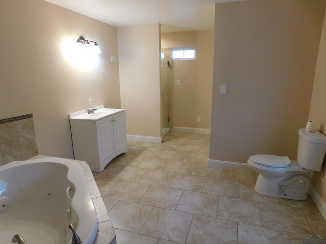 full bathroom with tile patterned flooring, vanity, toilet, and plus walk in shower