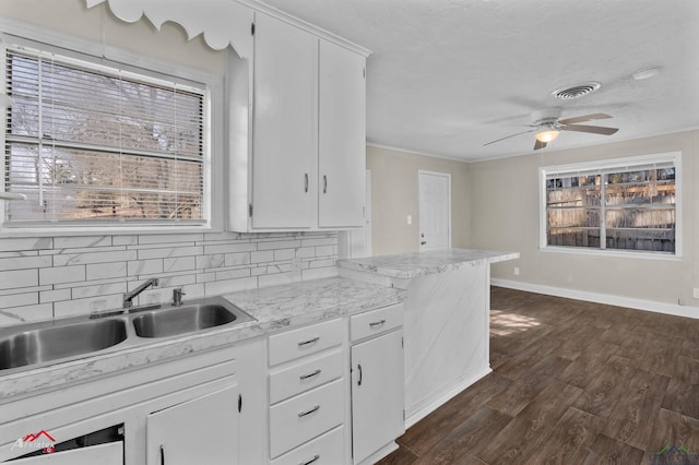 kitchen featuring backsplash, sink, and white cabinets