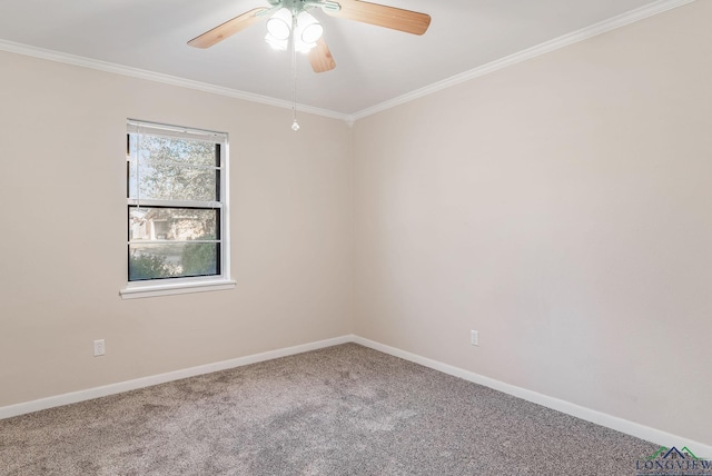 carpeted spare room with ceiling fan and crown molding