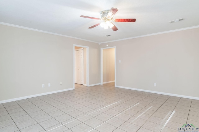 unfurnished room featuring light tile patterned floors, ceiling fan, and crown molding