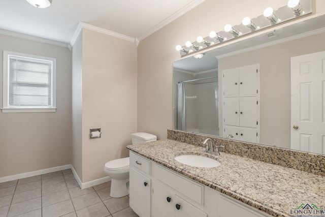 bathroom with tile patterned flooring, an enclosed shower, crown molding, and vanity