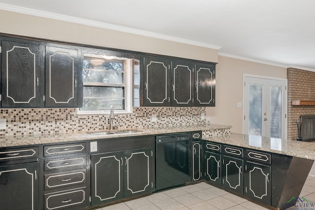 kitchen featuring dishwasher, light stone countertops, french doors, sink, and backsplash