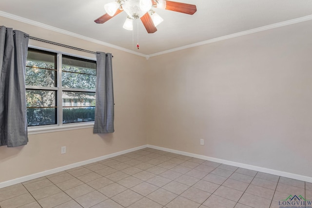 tiled spare room with ceiling fan and crown molding