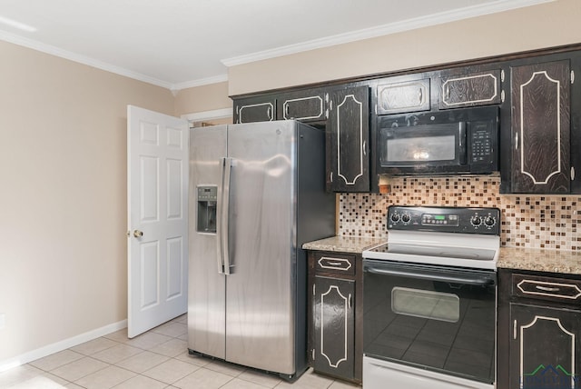 kitchen featuring range with electric stovetop, stainless steel fridge with ice dispenser, tasteful backsplash, crown molding, and light tile patterned flooring