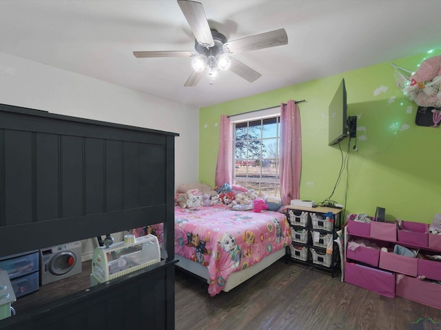 bedroom featuring ceiling fan and dark hardwood / wood-style flooring