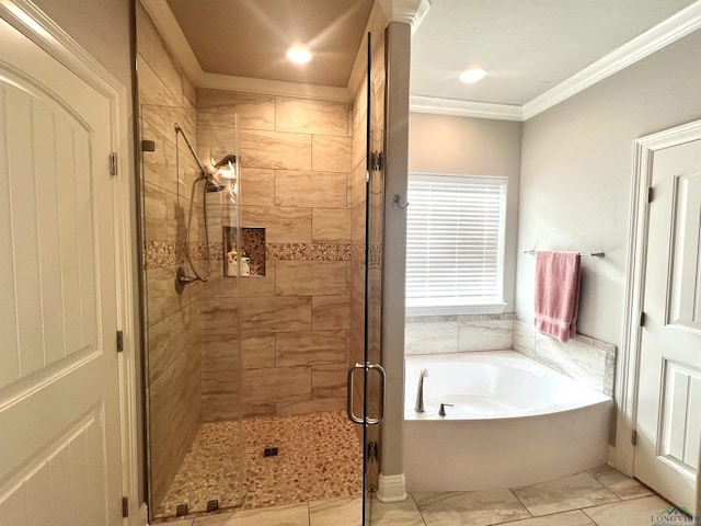 bathroom featuring independent shower and bath and ornamental molding