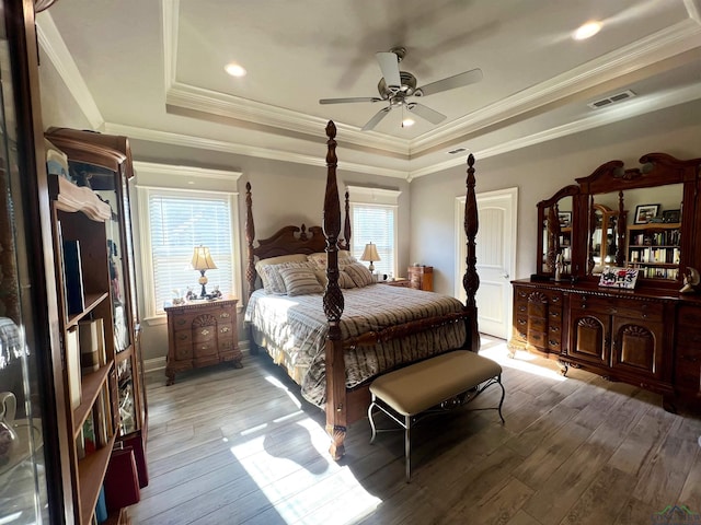 bedroom with multiple windows, a tray ceiling, hardwood / wood-style flooring, and ceiling fan