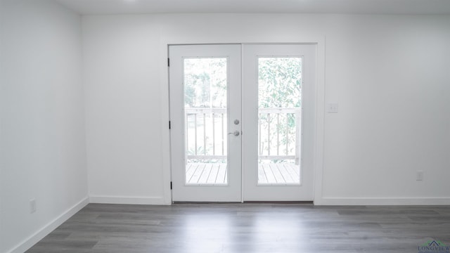 doorway with french doors, a wealth of natural light, and dark wood-type flooring