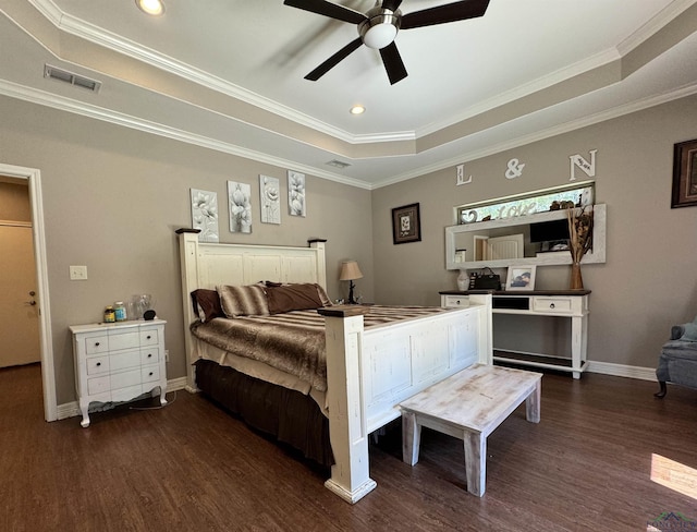 bedroom featuring a raised ceiling, ceiling fan, dark hardwood / wood-style flooring, and crown molding