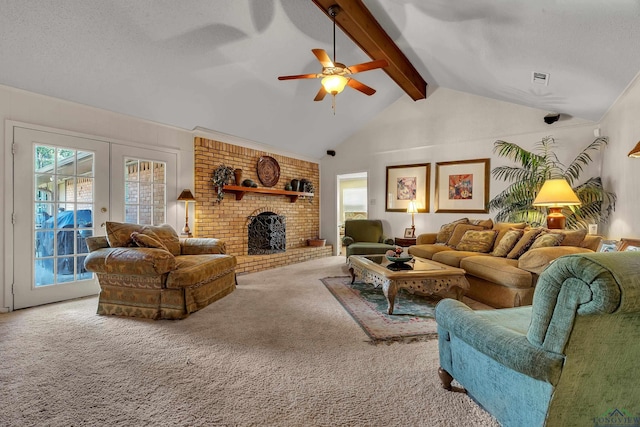 1303 Le Duke Blvd, Longview, TX 75601 - carpeted living area with a ceiling fan, a brick fireplace, and french doors