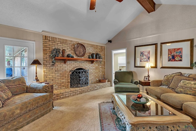 1303 Le Duke Blvd, Longview, TX 75601 - carpeted living area with a brick fireplace, a ceiling fan, and wood walls
