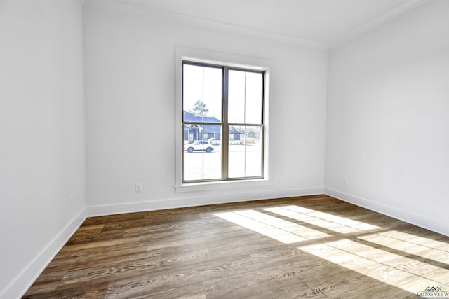 spare room with wood-type flooring, ornamental molding, and plenty of natural light