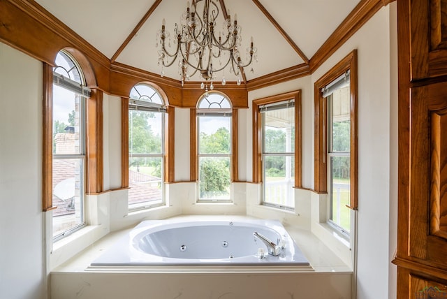 26 Oak Creek Ridge Dr, Longview, TX 75605 - full bathroom featuring vaulted ceiling, plenty of natural light, a jetted tub, a chandelier, and crown molding