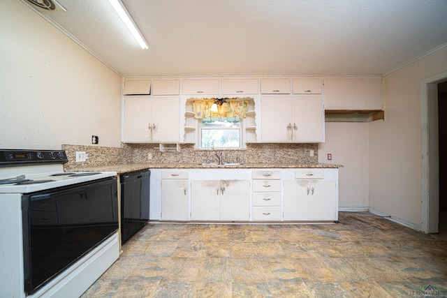 kitchen with dishwasher, white electric range, white cabinetry, and sink