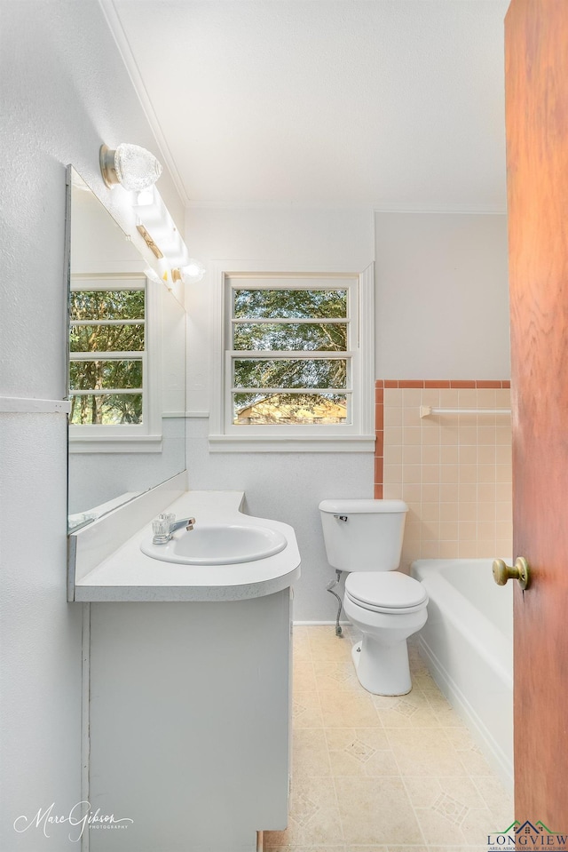 bathroom with vanity, toilet, and a tub