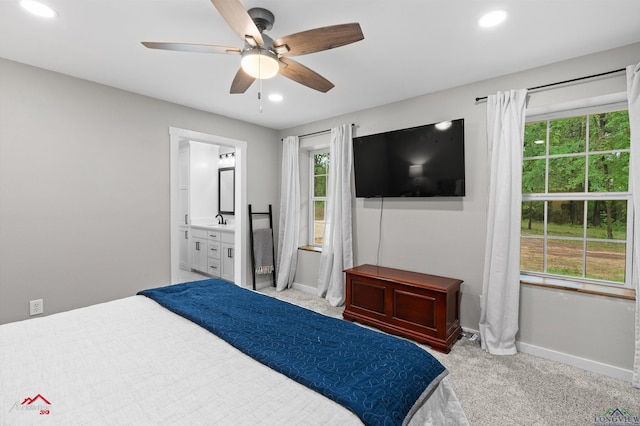 bedroom featuring carpet, connected bathroom, baseboards, ceiling fan, and recessed lighting
