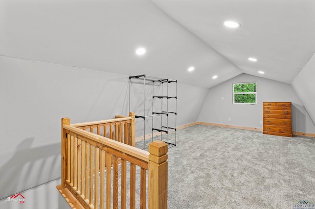 bonus room featuring recessed lighting, vaulted ceiling, baseboards, and carpet floors