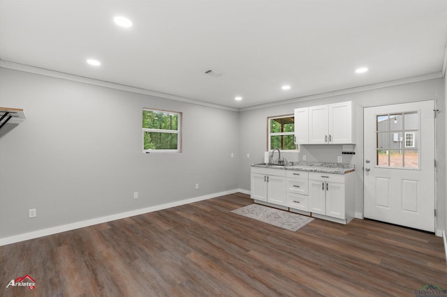 kitchen featuring recessed lighting, baseboards, dark wood-style flooring, a sink, and white cabinets