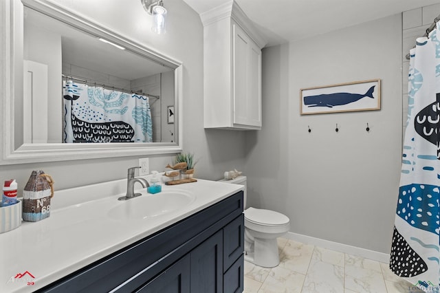 bathroom with baseboards, marble finish floor, toilet, curtained shower, and vanity