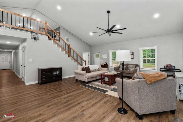 living room featuring wood finished floors, a ceiling fan, high vaulted ceiling, baseboards, and recessed lighting