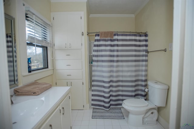 bathroom featuring curtained shower, tile patterned floors, toilet, vanity, and ornamental molding