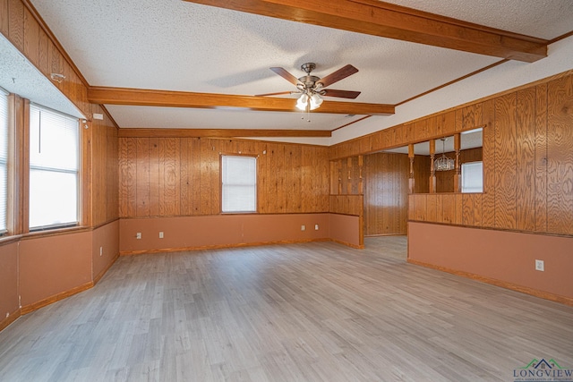 spare room with beam ceiling, light hardwood / wood-style floors, a textured ceiling, and wood walls